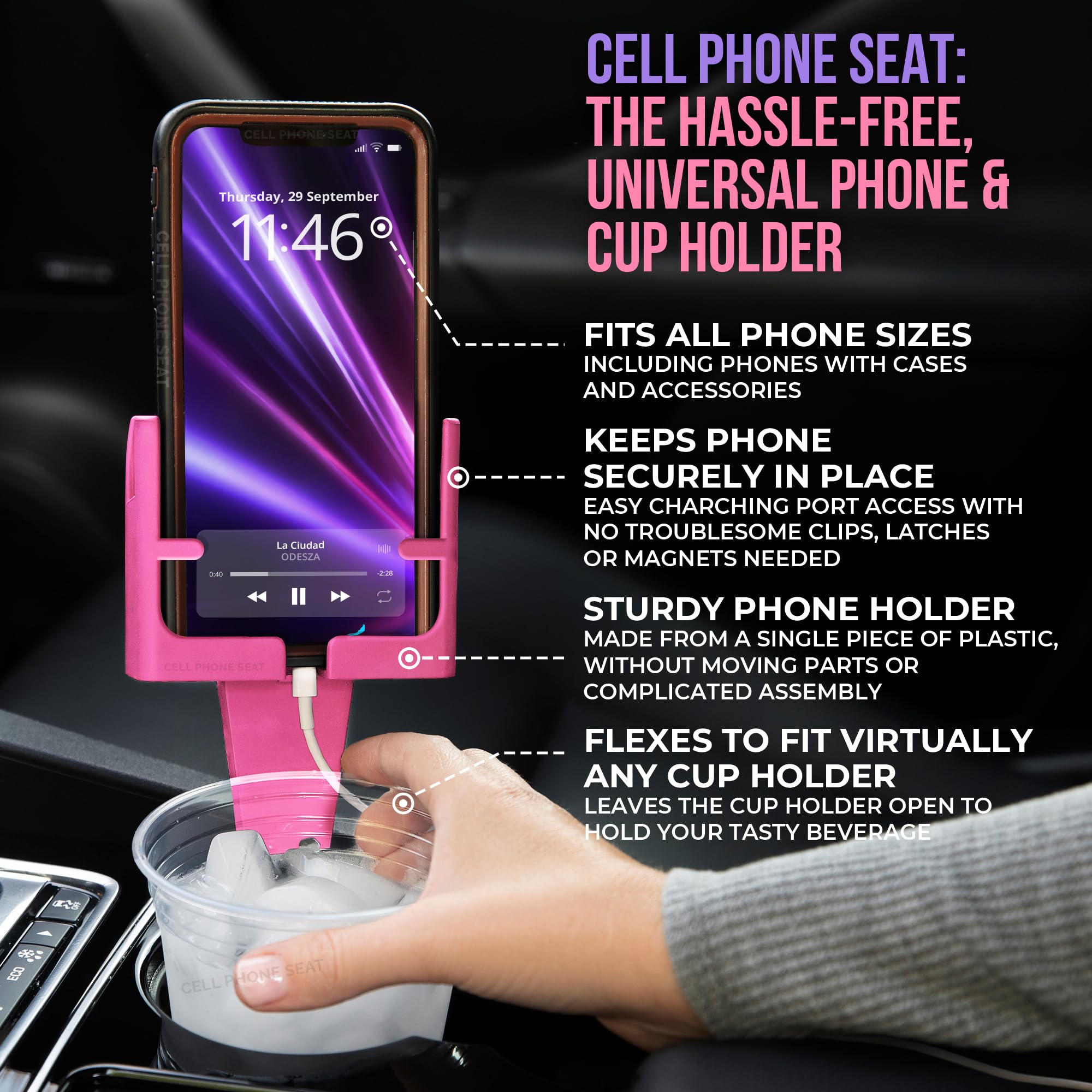 Pink Cup Holder Phone Mount For Car - Cupholder Phone Holder Fits Iphone, Android, Large Phones - Made In Usa - Universal Fit -